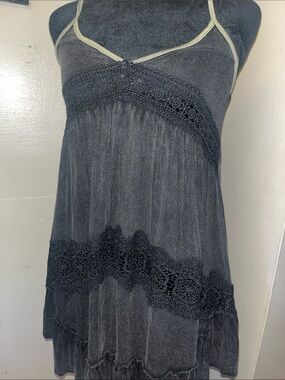 NWOT POL Distressed Charcoal Grey Crochet-Trim Tank Dress/Army Green Straps S